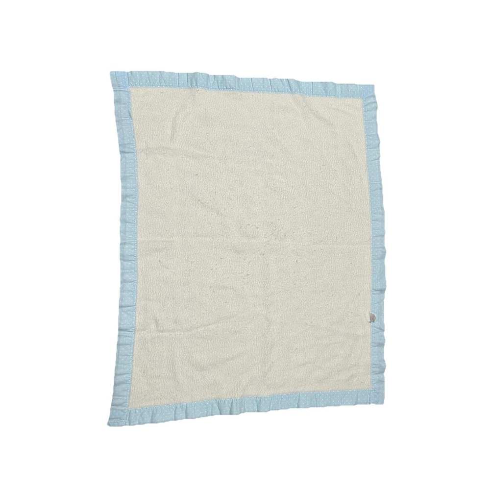 Vintage Cuddle Time Baby Blanket Blue Polka Dot Ruffle Trim Fleece Cream 40x34